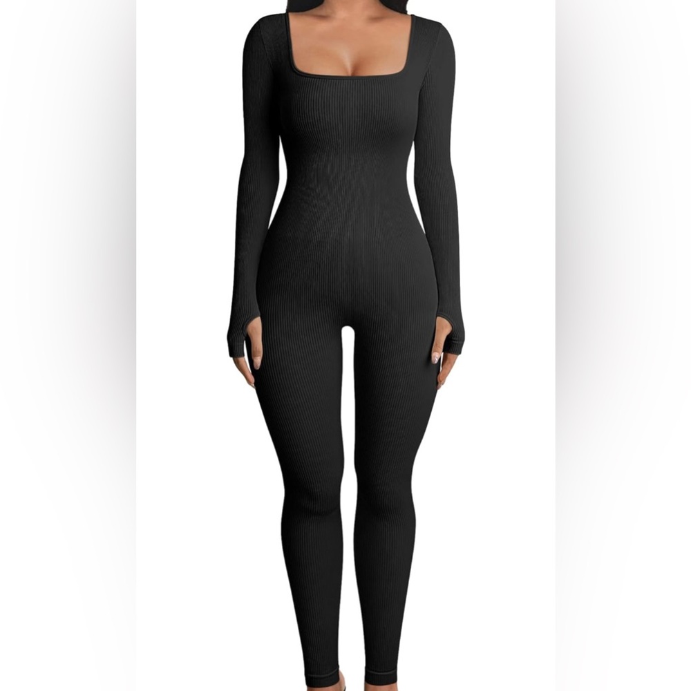 Black Ribbed Long Sleeve Jumpsuit